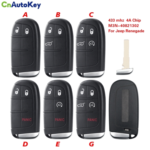 CN086037  2/3/4/5BT Smart Remote Control Key 433mhz 4A Chip Keyless Entry SIP22 Blade for Jeep Renegade M3N-40821302