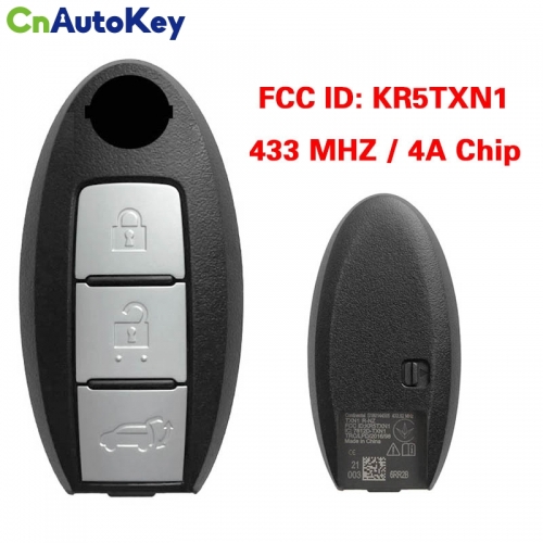 CN027111  Nissan Qashqai 2021 Smart Key Remote 3 Buttons 433 MHz 4A Chip FCC ID: KR5TXN1 P/N: 285E3-6RR2B