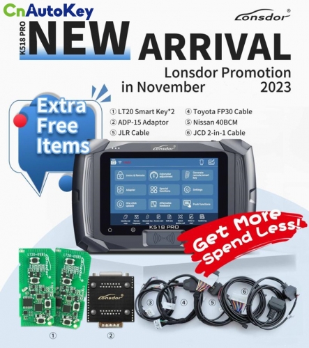 CNP188 2023 Lonsdor K518 PRO Full Version All In One Key Programmer with 2pcs LT20, Toyota FP30 Cable, Nissan 40 BCM Cable, JCD, JLR and ADP Adapter