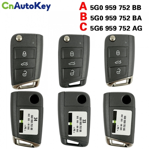 CN001068 5G0 959 753 BA/5G0 959 752 BB Auto Smart Remote 3B ASK 433MHz ID48 Chip Flip Car Smart Key For Volkswagen Tiguan Touran Sharan