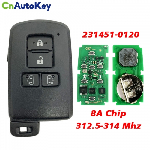 CN007310   4 Button 8A Chip P4 A9 Car Proximity Fob 312.5-314Mhz Smart Key FCCID 231451-0120 Keylessgo Remote Card for Toyota Alphard