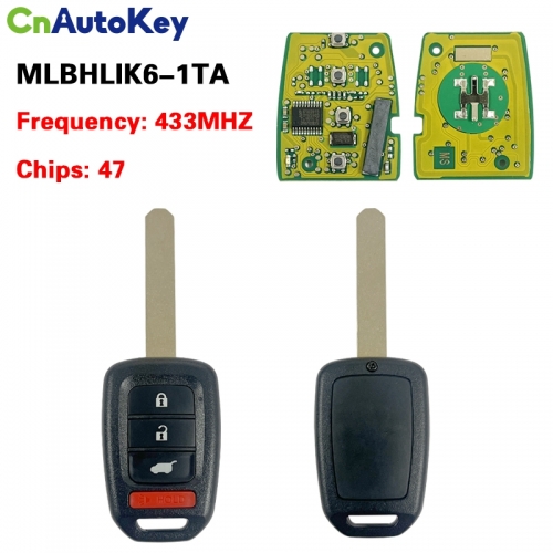 CN003169 Aftermarket 2016 - 2020 Honda Civic Accord Remote Head Key 4B Trunk ID47 Chip 434Mhz FCCID: MLBHLIK6-1TA