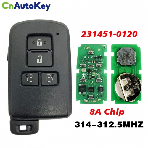 CN007310   4 Button 8A Chip P4 A9 Car Proximity Fob 314-312.5MHZ Smart Key FCCID 231451-0120 Keylessgo Remote Card for Toyota Alphard