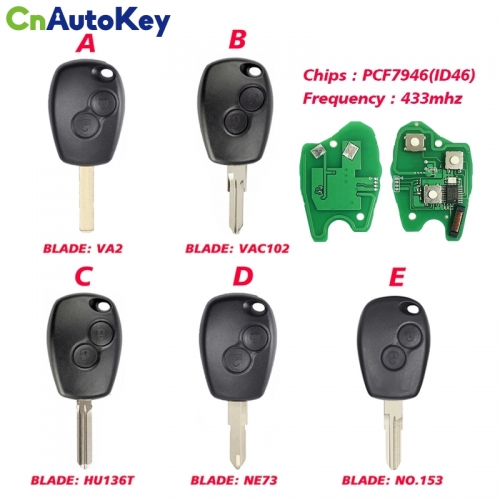 CN010009  Remote Control Key 2 Buttons 433MHz PCF7946 For Renault /Kangoo II /Clio III 7701209236