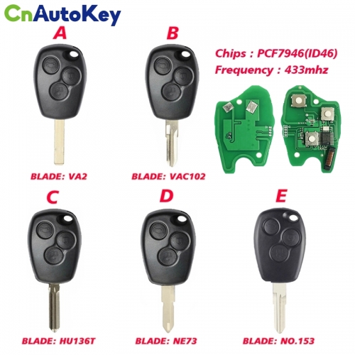 CN010005 Remote Control Key 3 Buttons 433MHz PCF7946 For Renault /Kangoo II /Clio III