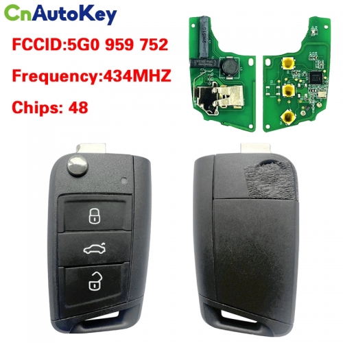 CN001144   For Vw Golf Polo Touran Etc 3 Button Flip Key Fob Remote 5G0 959 752 M 434mzh MQB Keyless GO