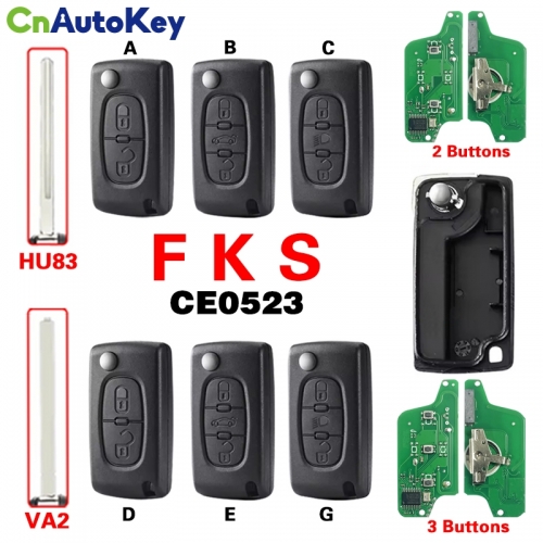 CN009068  For Peugeot 207 307 308 407 607 807 For Citroen C2 C3 C4 C5 C6 2/3 Buttons Remote Key Va2/Hu83 CE0523 434MHZ FSK ID46