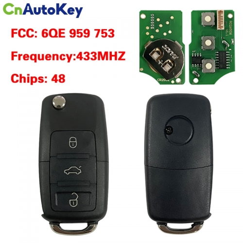 CN001143 Suitable for VW remote key 3 buttons 48 chip 433MHz FCC: 6QE 959 753