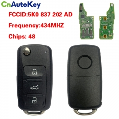 CN001052 Folding Remote Key 3 Button 434MHz With ID48 Chip 5K0 837 202 AD for Volkswagen