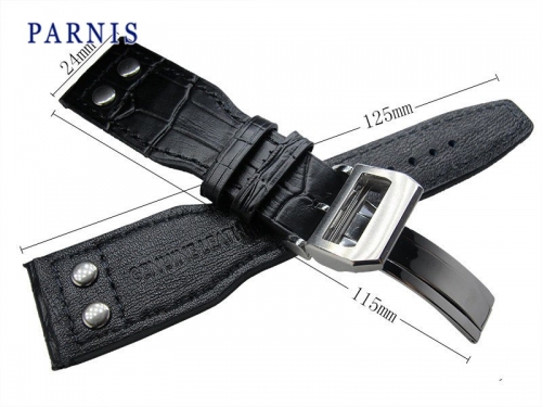 24mm Black Genuine Leather Watchband Parnis New Watch Strap Deployment Buckle, Watch Accessories Leather Watchbands for Watch