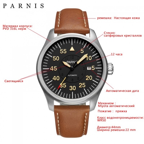 Parnis Sapphire Crystal Miyota Automatic Movement Men Aviator s Watch Waterproof PA6063