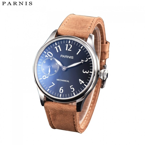 44mm Parnis Hand Winding Mens Classic Watch Brown Leather Strap Best BF Gift