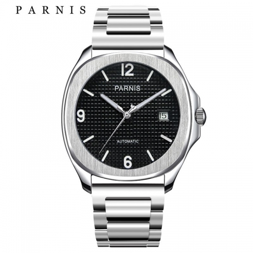 Parnis Mens Watches Top Brand Luxury Steel Mechanical Automatic Watch with Deployment Clasp Black Silver Watch for Men 2018 NEW