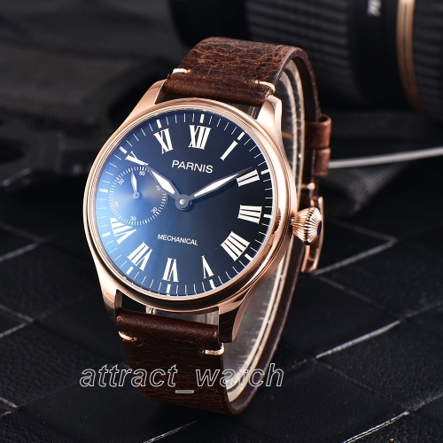 44mm Hand Winding Mechanical Mens Aviator Wristwatch Roman Numbers Leather Strap