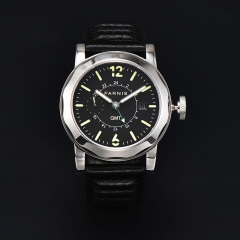 Stainless Steel Case, Black Leather Strap