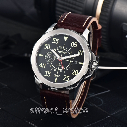 44mm Parnis Red GMT Luminous No. Mens Military Watch Sapphire Date Small Second