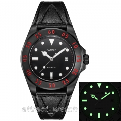 PVD Case, Red Number Bezel, Black Leather Strap