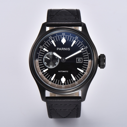 46.5mm 柏尼時 男士不銹鋼黑色錶殼皮革錶帶手錶