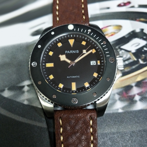 43mm Parnis Мужские механические часы с сапфировым стеклом светящийся маркер кожаный ремешок