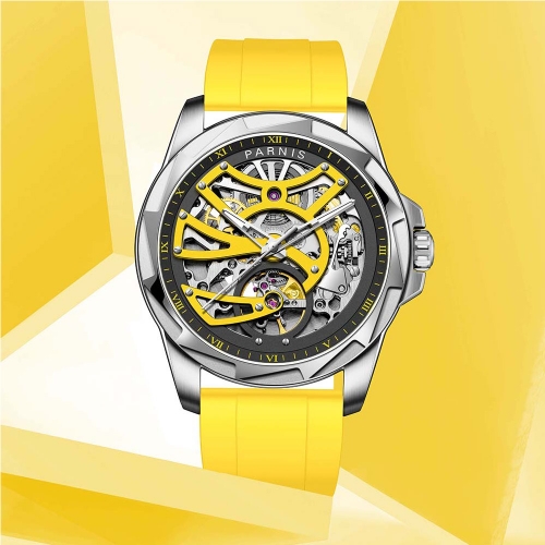 43mm Parnis New Hollow Out Dial Sapphire Crystal Seagull Automatic Mechanical Wristwatch Yellow Color