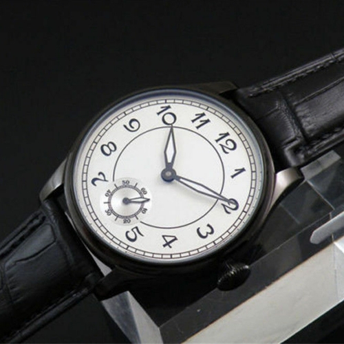 44mm Parnis Black Leather Strap Men Vintage Hand Winding Watch PVD Coated Case