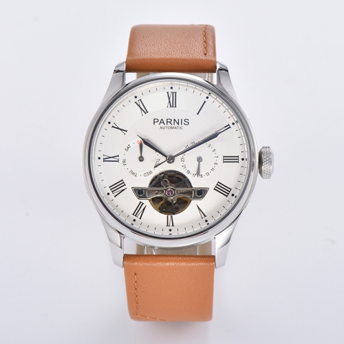 43mm Parnis Automatic Power Reserve Mens Watch Flywheel Dial Genuine Leather Strap