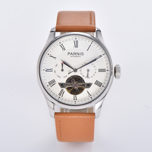 43mm Parnis 自動パワーリザーブメンズウォッチフライホイールダイヤル本革ストラップ