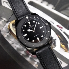 PVD Case, Black Dial, Black Leather Strap