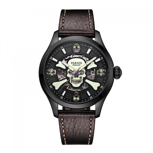 42mm Parnis Men's Automatci Mechanical Watch PVD Black Case Luminous Skull Dial