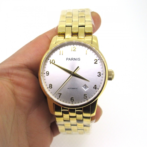 38mm Parnis Miyota Automatic Men's Mechanical Watch Sapphire Gold Case Bracelet