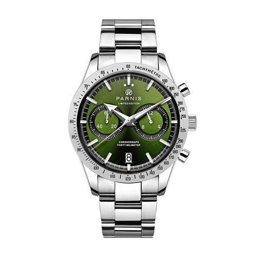40mm Parnis Quartz Chronograph Men Watch Special Scratch Proof Mineral Crystal Date Indicator Stainless Steel Band