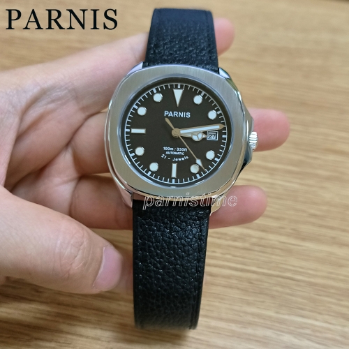 39mm Parnis Mens Watches Top Brand Luxury Steel Mechanical Automatic Watch with Leather Strap