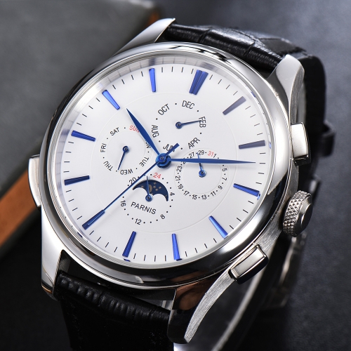 Parnis 45mm Men Watch Seagull1652 Automatic Mechanical Scale Calendar Leather Strap Mens Sports Watches