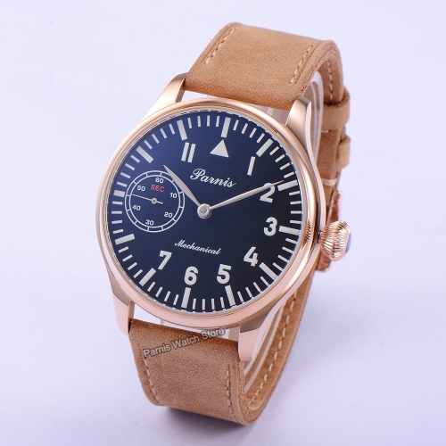 44mm Parnis Hand Winding Mens Classic Watch Brown Leather Strap Best BF Gift