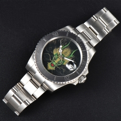41mm Parnis Miyota Automatic Movement Date Men Custom Dragon Drawing Watch Black Stainless Bracelet