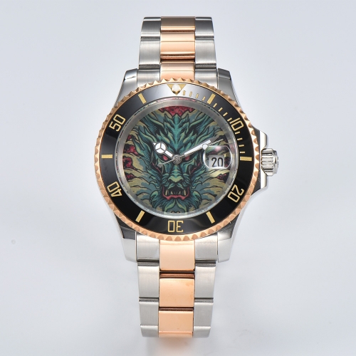 41mm Parnis Miyota Automatic Movement Date Men Custom Dragon Drawing Watch Black Stainless Bracelet