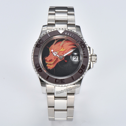 41mm Parnis Miyota Automatic Movement Date Men Custom Dragon Drawing Watch Black Stainless Braceletли