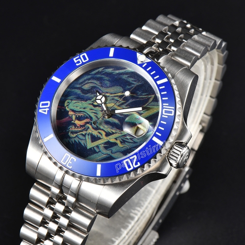 Parnis 40mm Mechanical Watches Casual Fashion Automatic Watch Men Rotating Ceramic Bezel Blue Color Dial Custom Drawing