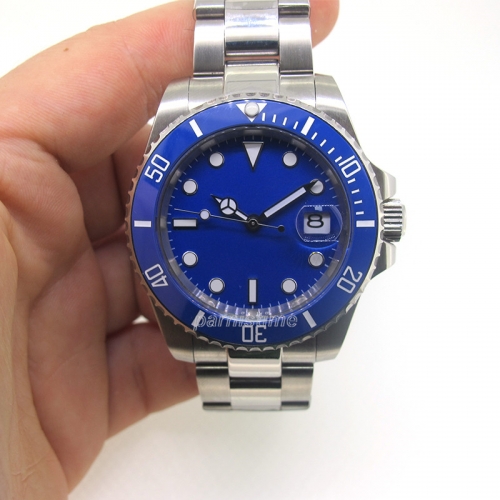 Parnis Sapphire reloj mecánico automático masculino de 40 mm anillo de cerámica giratoria azul