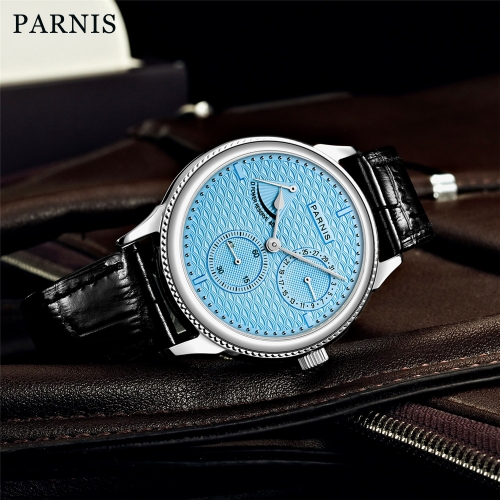 Parnis 42mm Silver Case Automatic Mechanical Men's Watch Power Reserve Calendar Leather Strap Sports Men Watches