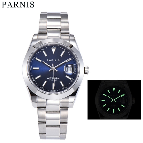 Parnis 39.5mm Marcador luminoso de moldura lisa para relógio de pulso masculino automático Miyota