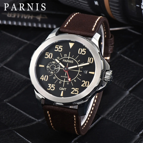 44mm Parnis Red GMT Luminous No. Mens Military Watch Sapphire Date Small Second