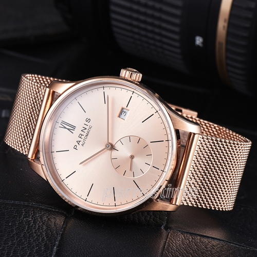 Parnis 41.5mm Automatic Movement Men's Boys Guy Casual Rose Gold Stainless Steel Wristwatch