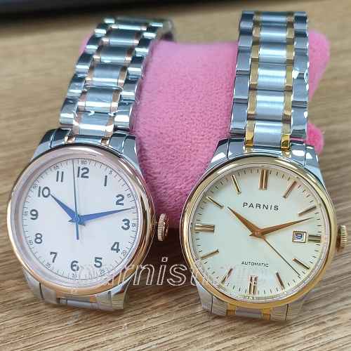 Parnis 38 mm Miyota自動男性時計サファイアガラス金ステンレスブレスレット