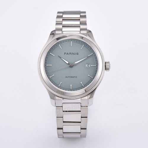 41mm Parnis 5ATM Stainless Steel Sapphire Glass 12 Hours Show Automatic Light Blue Dial  Men Watch
