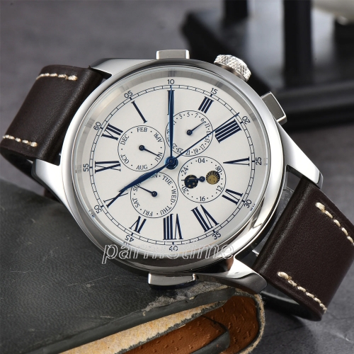 Parnis 45mm Men Watch Seagull1652 Automatic Mechanical Scale Calendar Leather Strap Mens Sports Watches