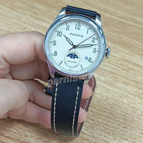 Parnis 39mm Miyota Automatic Men's Watch Sapphire Glass Leather Strap