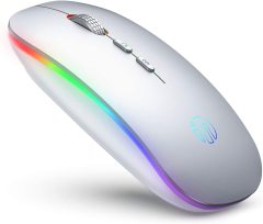 INPHIC LED Wireless Mouse, Rechargeable Silent 2.4G Wireless Computer Mouse with USB Receiver, RGB Backlit Cordless Mice for Laptop, PC,Mac, Silver
