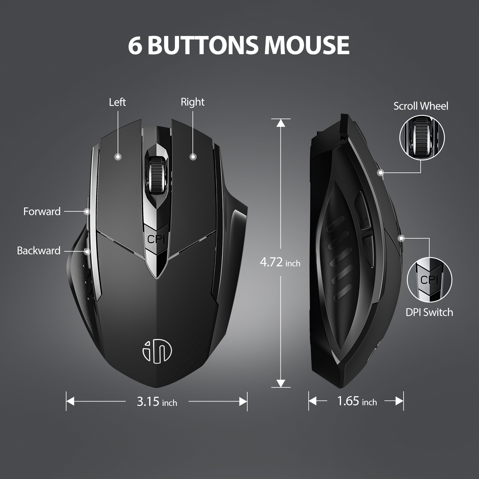 Wireless Mouse Rechargeable, Inphic Ergonomic Silent Click USB 2.4G Cordless Mouse for Laptop PC Computer Tablets Windows Linux, 6 Buttons, 1600DPI 3 Adjustment Levels, Black
