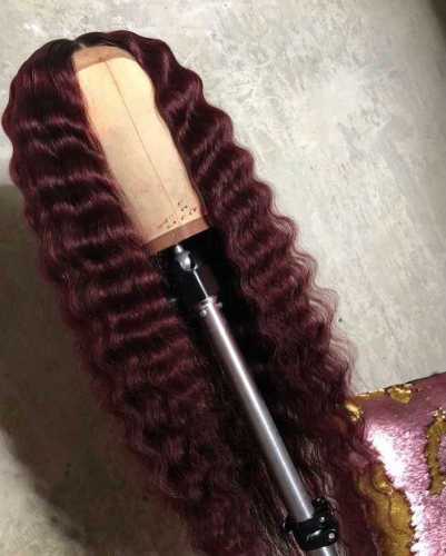 Customized Hot Sell Pure 99J Deep Wave Pre_plucked  Lace Wig With Natural Hairline And Baby Hair